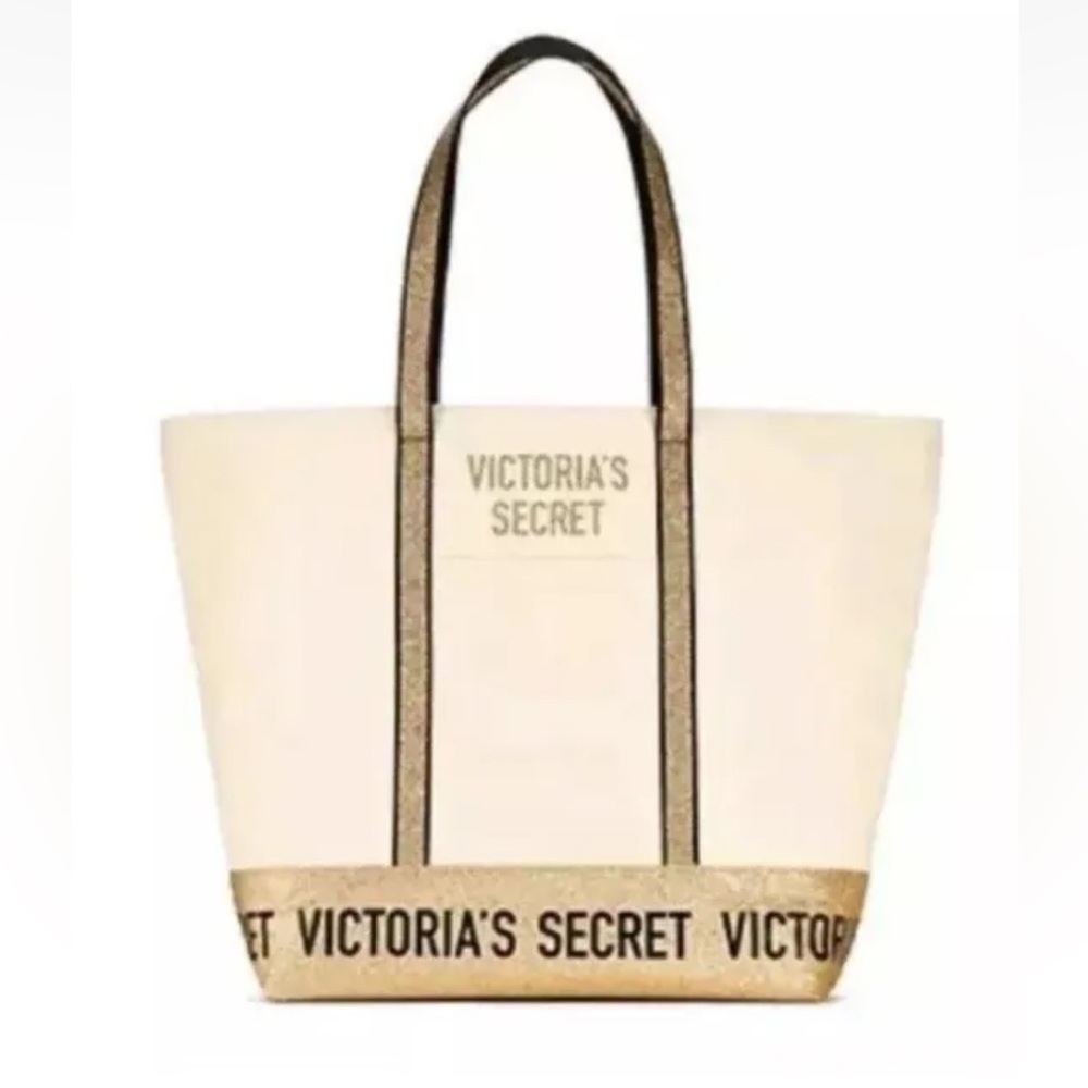 Victoria’s Secret Overnight Canvas Tote Bag Carryon Zip‎ Tan Gold Glitter New